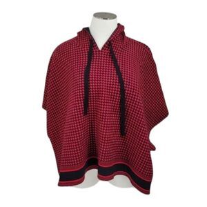 Gabby Isabella Viscose Blend Red Black Houndstooth Hooded Poncho One Size